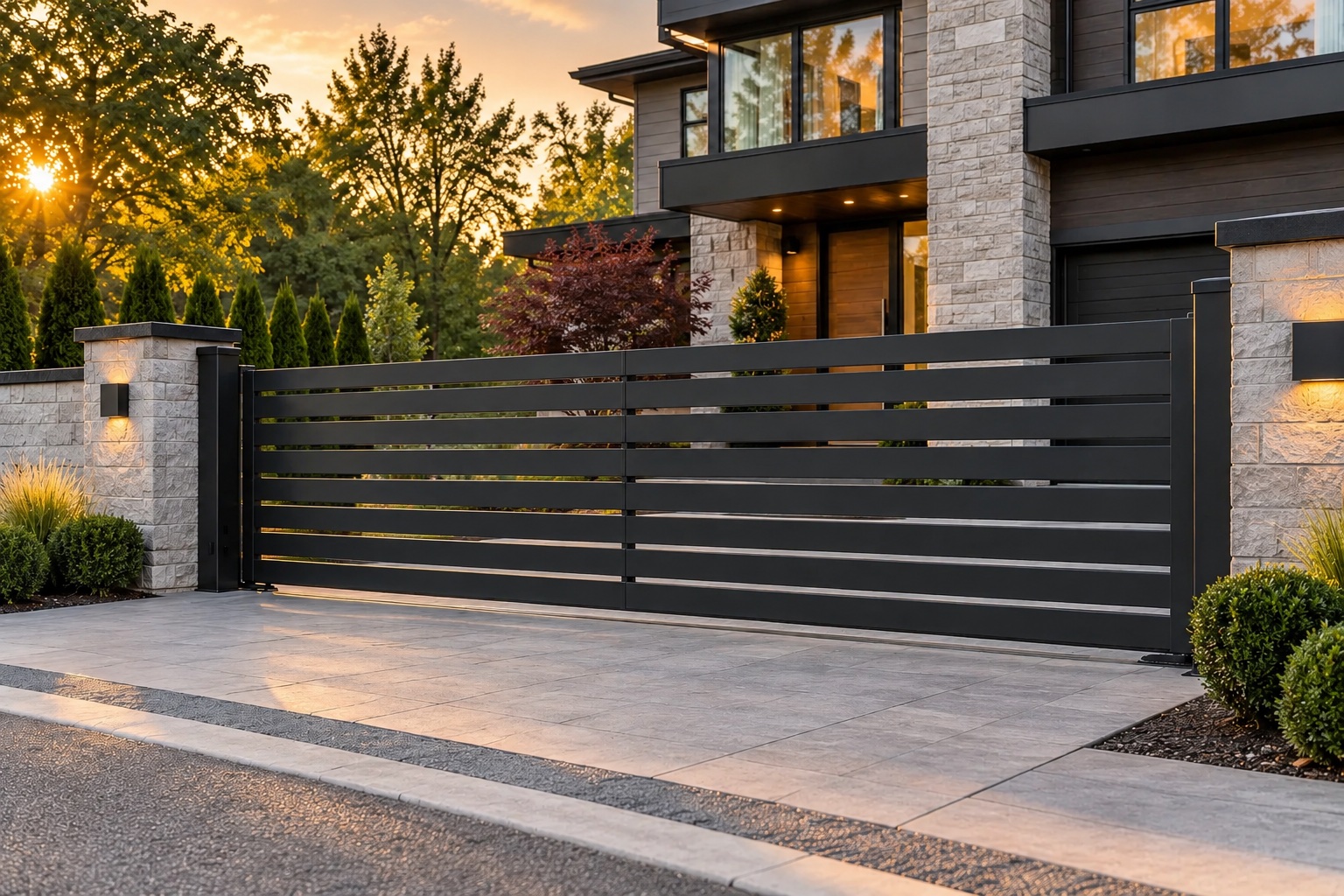 Contemporary black steel sliding gate with horizontal slats at a modern home