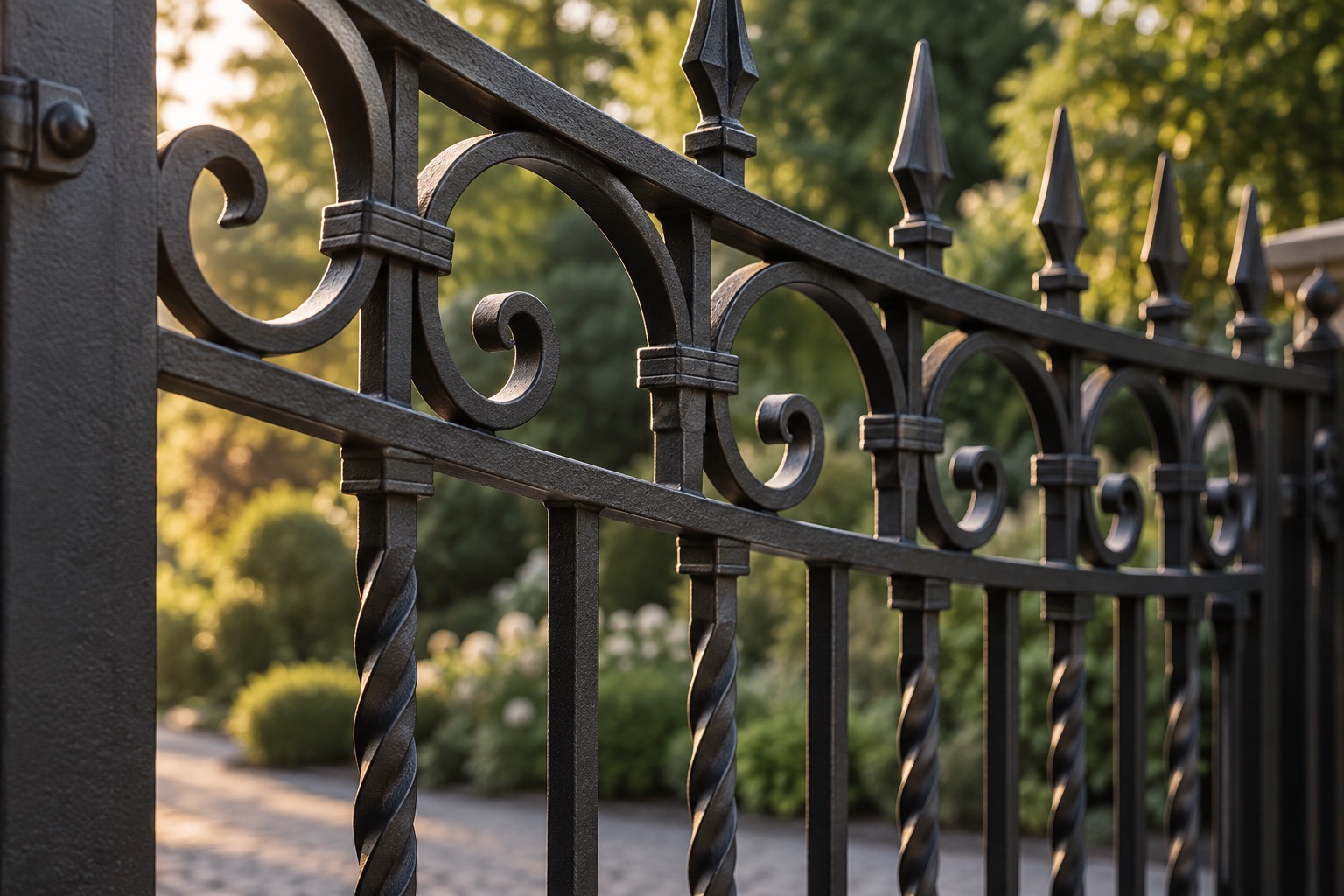 Close view of forged scrolls, collars and spear finials on a black iron gate