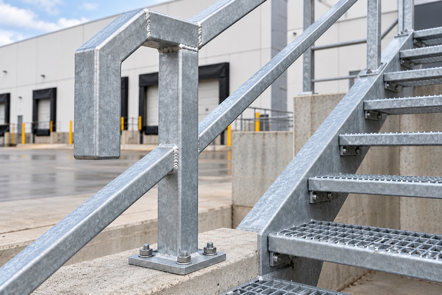 Galvanized steel handrail post bolted to a concrete curb beside grating stair treads