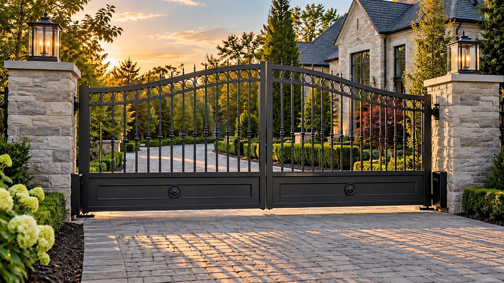 Black ornamental iron double driveway gate between stone pillars