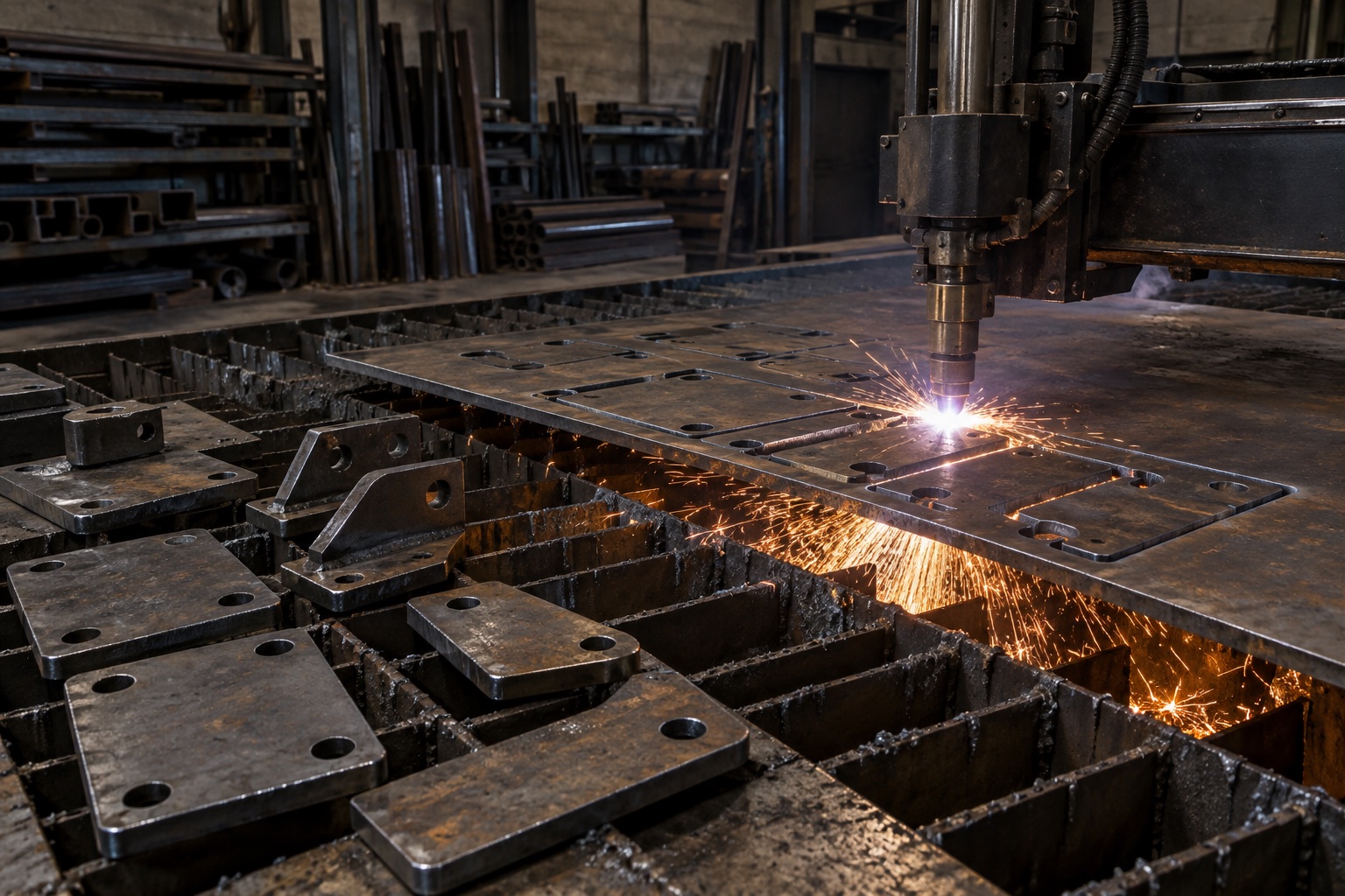 CNC plasma torch cutting a pattern from a steel plate, with sparks