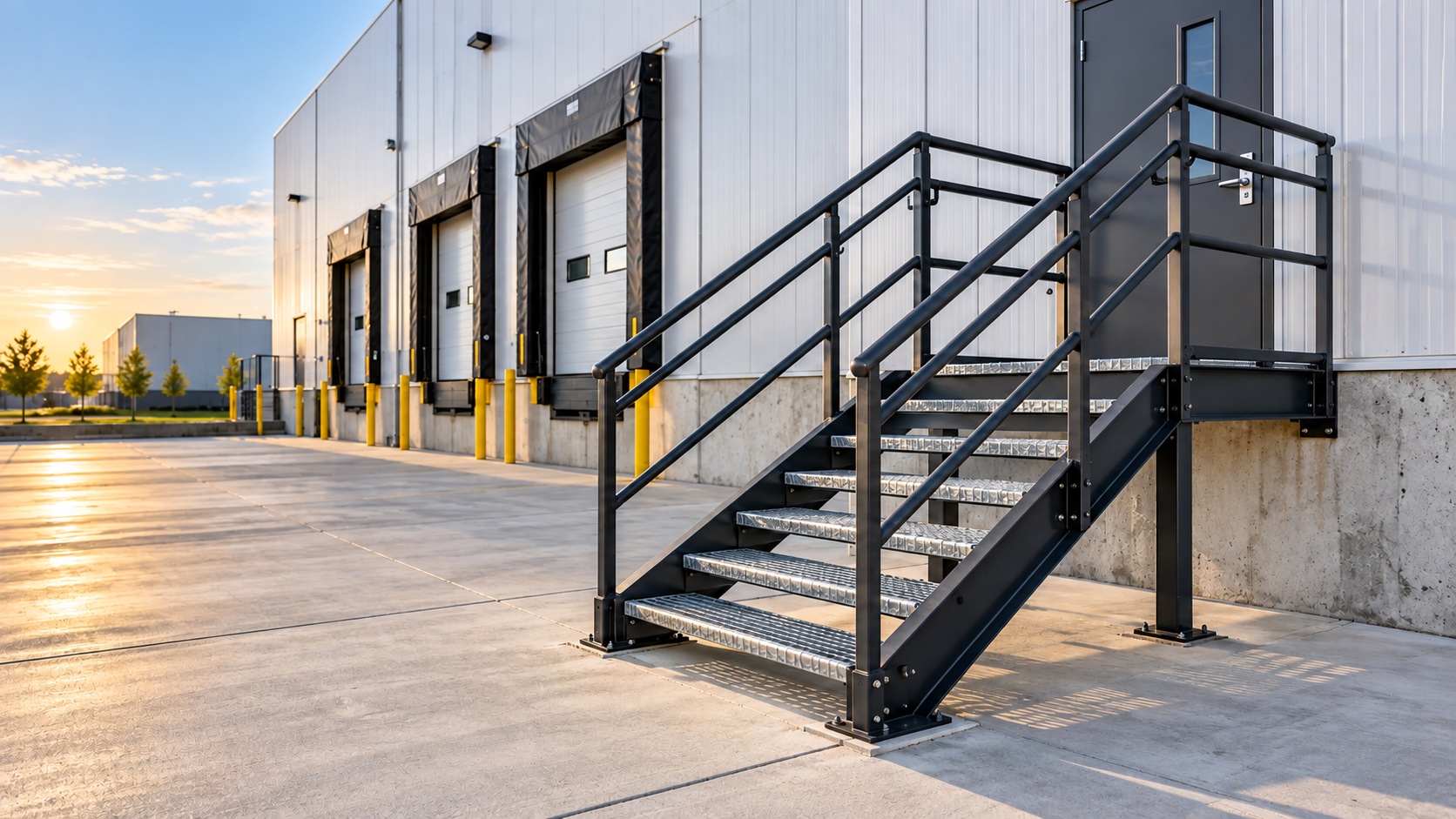 Black steel access stair with grating treads leading to a warehouse personnel door