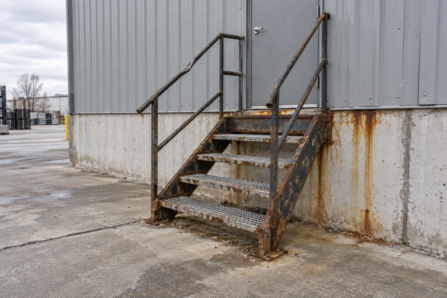 Rusted steel stair with corroded stringers and treads at a warehouse door